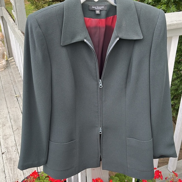 Iris Singer Collection Dark Green 2 WAY Zip Collared Jacket 2 Front Pockets - Picture 6 of 11